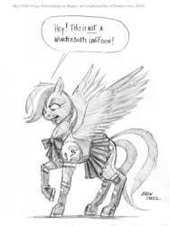 Size: 800x1062 | Tagged: safe, artist:baron engel, rainbow dash, pegasus, pony, clothes, dialogue, dressup, magical girl, monochrome, pencil drawing, rainbow dash always dresses in style, sailor, sketch, solo, traditional art
