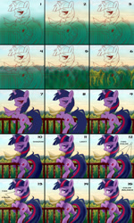 Size: 1800x3000 | Tagged: safe, artist:rainbow, derpibooru import, twilight sparkle, g4, bedroom eyes, clothes, fluffy, forest, how to draw, looking at you, plot, scarf, solo, step by step