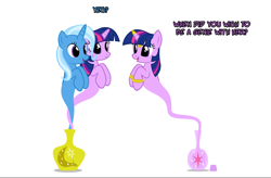 Size: 1048x688 | Tagged: safe, artist:navitaserussirus, derpibooru import, trixie, twilight sparkle, pony, cropped, female, genie, lesbian, shipping, twixie