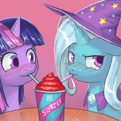 Size: 850x850 | Tagged: safe, artist:lurarin, derpibooru import, trixie, twilight sparkle, pony, unicorn, 7-eleven, blushing, colored pupils, drink, female, lesbian, mare, shipping, slurpee, tsundere, twixie