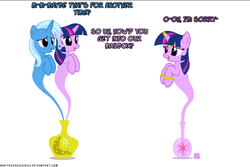 Size: 1048x700 | Tagged: safe, artist:navitaserussirus, derpibooru import, trixie, twilight sparkle, pony, cropped, female, genie, lesbian, shipping, twixie