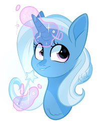 Size: 1036x1240 | Tagged: safe, artist:worldlofldreams, derpibooru import, trixie, pony, unicorn, bust, female, glowing horn, levitation, looking away, magic, mare, portrait, simple background, smiling, solo, telekinesis, transparent background, wand