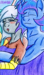 Size: 687x1161 | Tagged: safe, artist:the1king, discord, eris, prince artemis, princess luna, anthro, arteris, bare chest, blushing, female, male, rule 63, shipping, sleeping, straight