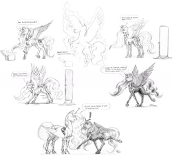 Size: 1584x1440 | Tagged: safe, artist:baron engel, princess celestia, princess luna, twilight sparkle, alicorn, pony, bodysuit, clothes, comic, horn guard, magic, mirror, monochrome, pencil drawing, plushie, socks, thigh highs, traditional art, wing hold