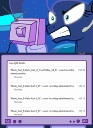 Size: 563x769 | Tagged: safe, princess luna, alicorn, pony, angry joe, copyright, exploitable meme, gamer luna, mario kart, mario kart 8, meme, nintendo, obligatory pony, tv meme