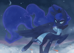 Size: 2100x1500 | Tagged: safe, artist:mnstrmthd, princess luna, alicorn, pony, candle, clothes, pixiv, scarf, snow, snowfall, solo, winter