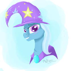 Size: 1500x1496 | Tagged: safe, artist:mahexa, derpibooru import, trixie, pony, unicorn, bust, cape, clothes, colored pupils, female, gradient background, grin, hat, looking at you, mare, newbie artist training grounds, portrait, scar, signature, smiling, solo, trixie's cape, trixie's hat