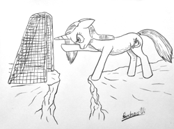 Size: 1280x952 | Tagged: safe, artist:klarkkentthe3rd, derpibooru import, trixie, pony, unicorn, cliff, female, frustrated, goal, mare, monochrome, newbie artist training grounds, reaching, signature, solo, traditional art