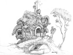 Size: 1200x904 | Tagged: safe, artist:baron engel, fluttershy's cottage, monochrome, pencil drawing, scenery, sketch, traditional art