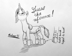 Size: 1280x1010 | Tagged: safe, artist:klarkkentthe3rd, derpibooru import, trixie, pony, unicorn, female, looking up, mare, monochrome, newbie artist training grounds, reference, signature, simple background, solo, toilet brush, traditional art, white background