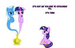 Size: 1050x682 | Tagged: safe, artist:navitaserussirus, derpibooru import, trixie, twilight sparkle, pony, asktwixiegenies, cropped, female, genie, lesbian, shipping, twixie