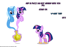 Size: 1050x692 | Tagged: safe, artist:navitaserussirus, derpibooru import, trixie, twilight sparkle, pony, cropped, female, genie, lesbian, shipping, twixie