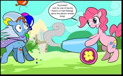 Size: 1280x800 | Tagged: safe, artist:pinktrixie, derpibooru import, pinkie pie, trixie, earth pony, pony, balloon, comic, confetti, partillery, party cannon, windswept mane