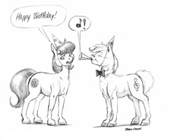 Size: 1000x803 | Tagged: safe, artist:baron engel, oc, oc only, oc:octavia's father, oc:octavia's mother, birthday, hat, monochrome, party hat, pencil drawing, traditional art