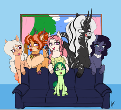 Size: 2487x2267 | Tagged: safe, artist:appelknekten, derpibooru exclusive, derpibooru import, oc, oc only, oc:appel, oc:dionna painter, oc:elven haze, oc:lady fairweather, oc:skye, oc:velvet rose, deer, earth pony, pegasus, pony, age difference, colt, doe, eyeshadow, female, glasses, imminent sex, jewelry, licking, licking lips, lipstick, makeup, male, mare, meme, milf, mother, mother and child, mother and son, necklace, parent and child, pearl necklace, piper perri surrounded, sitting, sketch, sofa, son, tongue out, window, wip, zunicorn