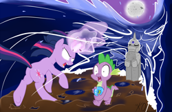 Size: 2500x1625 | Tagged: safe, artist:kyojiogami, derpibooru import, spike, twilight sparkle, dragon, duo, gem, glowing eyes, magic, moon, statue, water