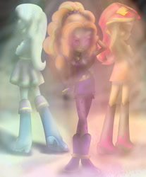 Size: 2700x3259 | Tagged: safe, artist:quickwinter, derpibooru import, adagio dazzle, sunset shimmer, trixie, equestria girls, boots, clothes, eyes closed, high heel boots, jacket, leather jacket, leggings, shoes, skirt