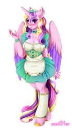 Size: 1997x3566 | Tagged: safe, artist:mailner, derpibooru import, princess cadance, alicorn, anthro, unguligrade anthro, big breasts, blushing, breasts, choker, clothes, colored hooves, colored wings, dress, female, looking at you, maid, milf, princess cansdance, smiling, solo