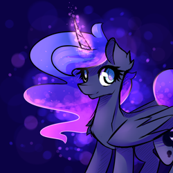 Size: 2000x2000 | Tagged: safe, artist:novabytes, princess luna, alicorn, pony, abstract background, blue coat, blue eyes, chest fluff, cutie mark, ear fluff, ears, ethereal mane, ethereal tail, female, folded wings, glowing horn, limited palette, looking at you, mare, smiling, smiling at you, solo, wings