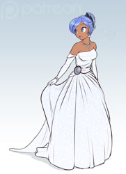 Size: 927x1280 | Tagged: safe, artist:scorpdk, princess luna, human, alternate hairstyle, bare shoulders, beautiful, bride, clothes, cute, dress, earring, evening gloves, female, hair bun, humanized, lunabetes, moderate dark skin, necklace, open mouth, smiling, solo, wedding dress