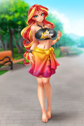 Size: 3333x5000 | Tagged: safe, artist:racoonsan, sunset shimmer, equestria girls, anime, barefoot, barefooting, beautiful, beautisexy, bedroom eyes, belly button, big breasts, bikini, black swimsuit, breasts, clothes, commission, cutie mark swimsuit, eyeshadow, feet, female, human coloration, jeweled swimsuit, looking at you, makeup, sarong, sexy, shirt, skirt, stupid sexy sunset shimmer, summer sunset, sunset jiggler, swimsuit