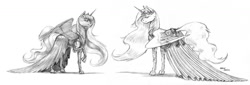 Size: 1349x457 | Tagged: safe, artist:baron engel, princess celestia, princess luna, alicorn, pony, clothes, dress, female, mare, monochrome, pencil drawing, sisters, traditional art