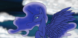 Size: 1500x732 | Tagged: safe, artist:ianotouta-way, princess luna, alicorn, pony, cloud, cloudy, night, solo, spread wings