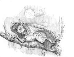 Size: 1200x936 | Tagged: safe, artist:baron engel, fluttershy, flutterbat, monochrome, moon, pencil drawing, solo, traditional art, tree