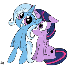 Size: 1000x886 | Tagged: safe, artist:daniel-sg, artist:wallkick, derpibooru import, trixie, twilight sparkle, twilight sparkle (alicorn), alicorn, pony, bipedal, female, floppy ears, grin, horns are touching, inconvenient trixie, mare, sitting, smiling, twilight is not amused, unamused