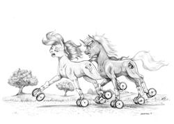 Size: 1300x931 | Tagged: safe, artist:baron engel, pinkie pie, oc, earth pony, pony, happy, monochrome, pencil drawing, realistic, roller skates, traditional art