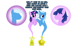 Size: 1050x654 | Tagged: safe, artist:navitaserussirus, derpibooru import, trixie, twilight sparkle, pony, cropped, female, genie, lesbian, shipping, twixie