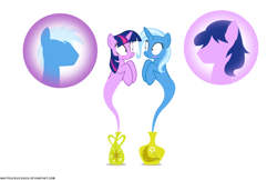 Size: 1050x682 | Tagged: safe, artist:navitaserussirus, derpibooru import, trixie, twilight sparkle, pony, cropped, female, genie, lesbian, rule 63, shipping, twixie