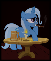 Size: 813x982 | Tagged: safe, artist:selecteddash, derpibooru import, trixie, pony, unicorn, alcohol, cider, cigar, female, food, mare, smoking, solo