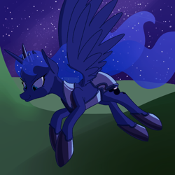 Size: 700x700 | Tagged: safe, artist:goat train, princess luna, alicorn, pony, armor, flying, grin, solo, spread wings
