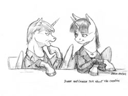 Size: 1000x747 | Tagged: safe, artist:baron engel, oc, oc only, oc:bonniecorn, oc:fausticorn, bonnie zacherle, clothes, convention:eqla, eqla, equestria la, lauren faust, monochrome, pencil drawing, traditional art