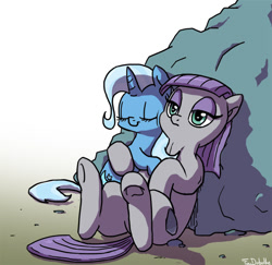 Size: 650x632 | Tagged: safe, artist:foudubulbe, derpibooru import, maud pie, trixie, earth pony, pony, unicorn, comic:damp rocks, boulder, eyes closed, female, hug, lesbian, mare, mauxie, shipping, sitting, smiling, underhoof