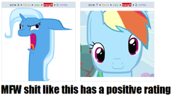 Size: 601x352 | Tagged: safe, derpibooru import, rainbow dash, trixie, pegasus, pony, butthurt, content-aware scale, drama, text