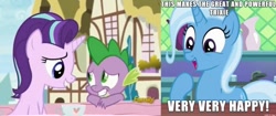 Size: 640x268 | Tagged: safe, derpibooru import, spike, starlight glimmer, trixie, dragon, pony, unicorn, triple threat, cute, female, glimmerbetes, hundreds of users filter this tag, looking at each other, male, mare, open mouth, screenshots, shipper on deck, shipping, sparlight, straight, the amazing trio of friendship, the great and powerful shipper