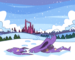 Size: 1280x1024 | Tagged: safe, artist:karzahnii, derpibooru import, trixie, chasing winter, crystal empire, fanfic, fanfic art, fanfic cover, scenery, snow, snowfall, trixie's cape, trixie's hat