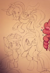 Size: 709x1024 | Tagged: safe, artist:mosamosa_n, lyra heartstrings, pinkie pie, princess luna, alicorn, earth pony, pony, monochrome, pinkamena diane pie, sketch, traditional art