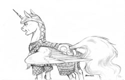 Size: 1100x703 | Tagged: safe, artist:baron engel, princess celestia, alicorn, pony, armor, braid, horn, monochrome, open mouth, pencil drawing, solo, traditional art, wings