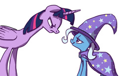 Size: 1000x615 | Tagged: safe, artist:foudubulbe, derpibooru import, trixie, twilight sparkle, twilight sparkle (alicorn), alicorn, pony, unicorn, cape, clothes, female, glare, hat, lidded eyes, looking at each other, mare, simple background, size difference, smiling, smug, trixie's cape, trixie's hat, unamused, white background