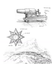 Size: 1164x1430 | Tagged: safe, artist:baron engel, oc, oc only, cannon, detailed, fortress, monochrome, pencil drawing, soldier, traditional art