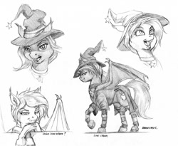 Size: 1100x900 | Tagged: safe, artist:baron engel, oc, oc only, oc:love charm, bat pony, pony, bat pony oc, commission, hat, monochrome, patreon, pencil drawing, traditional art, unshorn fetlocks, witch hat