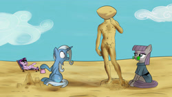 Size: 6400x3600 | Tagged: safe, artist:theravencriss, derpibooru import, boulder (pet), maud pie, starlight glimmer, trixie, earth pony, pony, unicorn, beach, chair, david, female, fine art parody, mare, mouth hold, sandcastle, shocked, sitting, sunglasses, trio