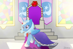 Size: 1600x1080 | Tagged: safe, artist:dashermkii, derpibooru import, trixie, alicorn, pony, alicornified, clothes, dress, happy, race swap, solo, throne, trixiecorn