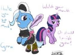 Size: 1000x750 | Tagged: safe, artist:crade, derpibooru import, trixie, twilight sparkle, clothes, dialogue, domination, female, femdom, femsub, fishnet stockings, maid, slave, submissive, the weak and powerless trixie, twidom