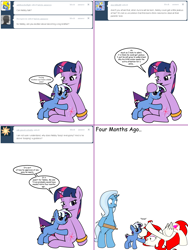 Size: 1204x1604 | Tagged: safe, artist:dekomaru, derpibooru import, trixie, twilight sparkle, oc, oc:astra, oc:nebula, pony, ask, bipedal, boop, colt, dexterous hooves, female, lesbian, magical lesbian spawn, male, offspring, parent:trixie, parent:twilight sparkle, parents:twixie, pregnant, rolling pin, shipping, tumblr, tumblr:ask twixie, twixie