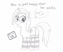 Size: 3066x2552 | Tagged: safe, artist:friendshipishorses, derpibooru import, trixie, pony, unicorn, clothes, dialogue, female, grayscale, high res, mare, monochrome, socks, solo, striped socks, traditional art