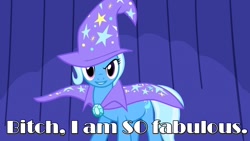 Size: 1280x720 | Tagged: safe, derpibooru import, edit, edited screencap, screencap, trixie, pony, unicorn, boast busters, fabulosity, female, mare, solo, text, vulgar